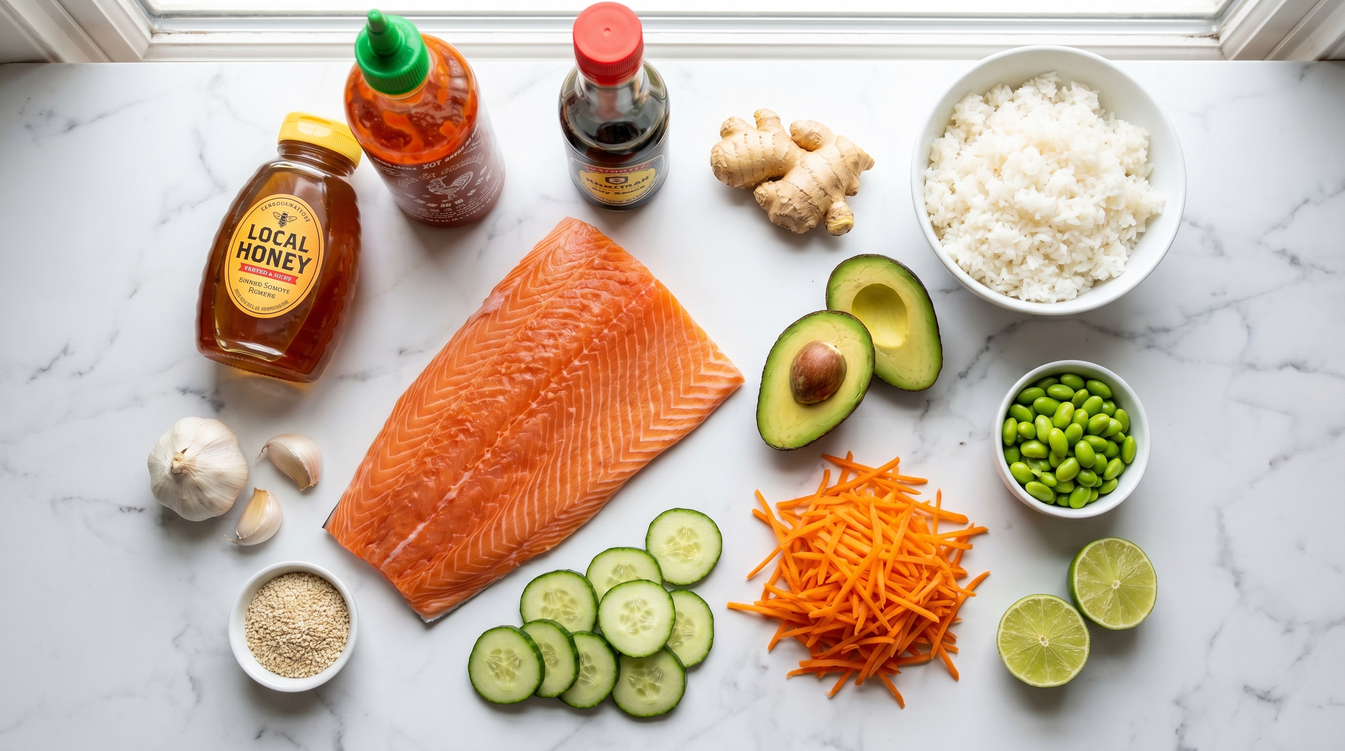 Honey sriracha salmon bowl ingredients flat lay on white marble