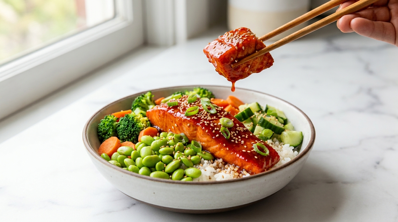 Finished honey sriracha salmon rice bowl with chopsticks lifting a glazed piece