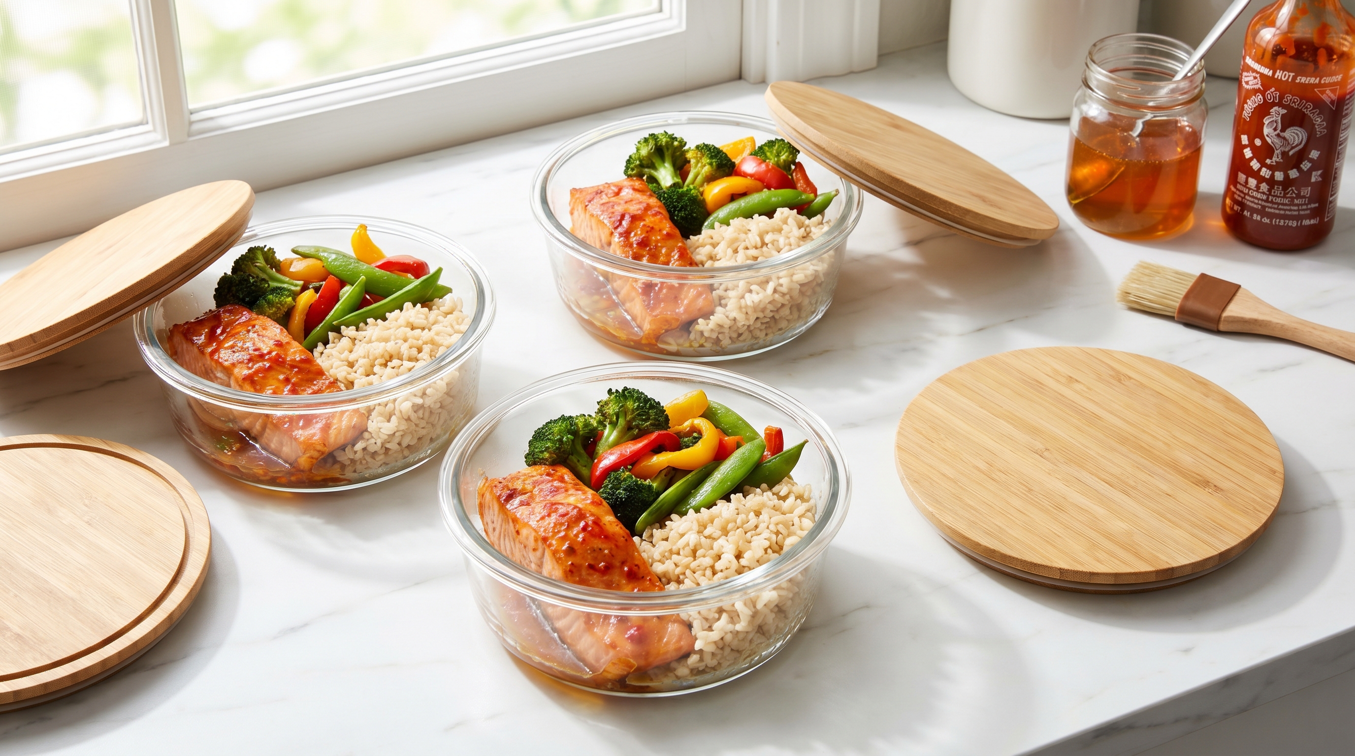 Meal prep salmon bowls in glass containers