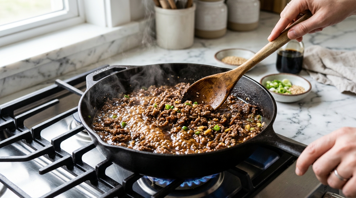 Ground beef crumbles in wok with soy-honey sauce