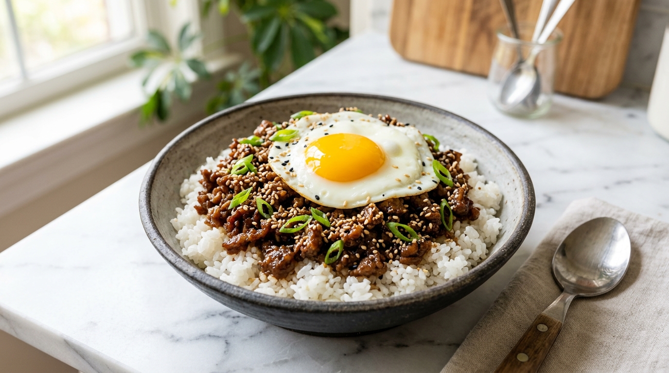 Korean ground beef bowl with glazed beef over rice