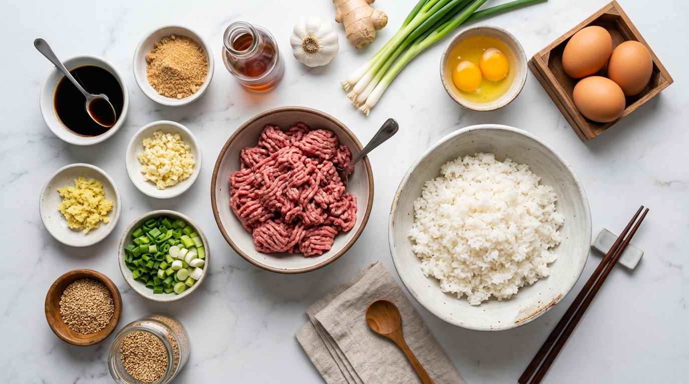 Overhead flat-lay of Korean ground beef bowl ingredients on white marble