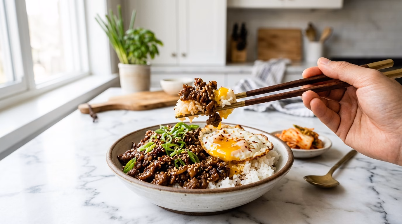 Korean ground beef bowl with glazed beef, rice, vegetables, and sesame