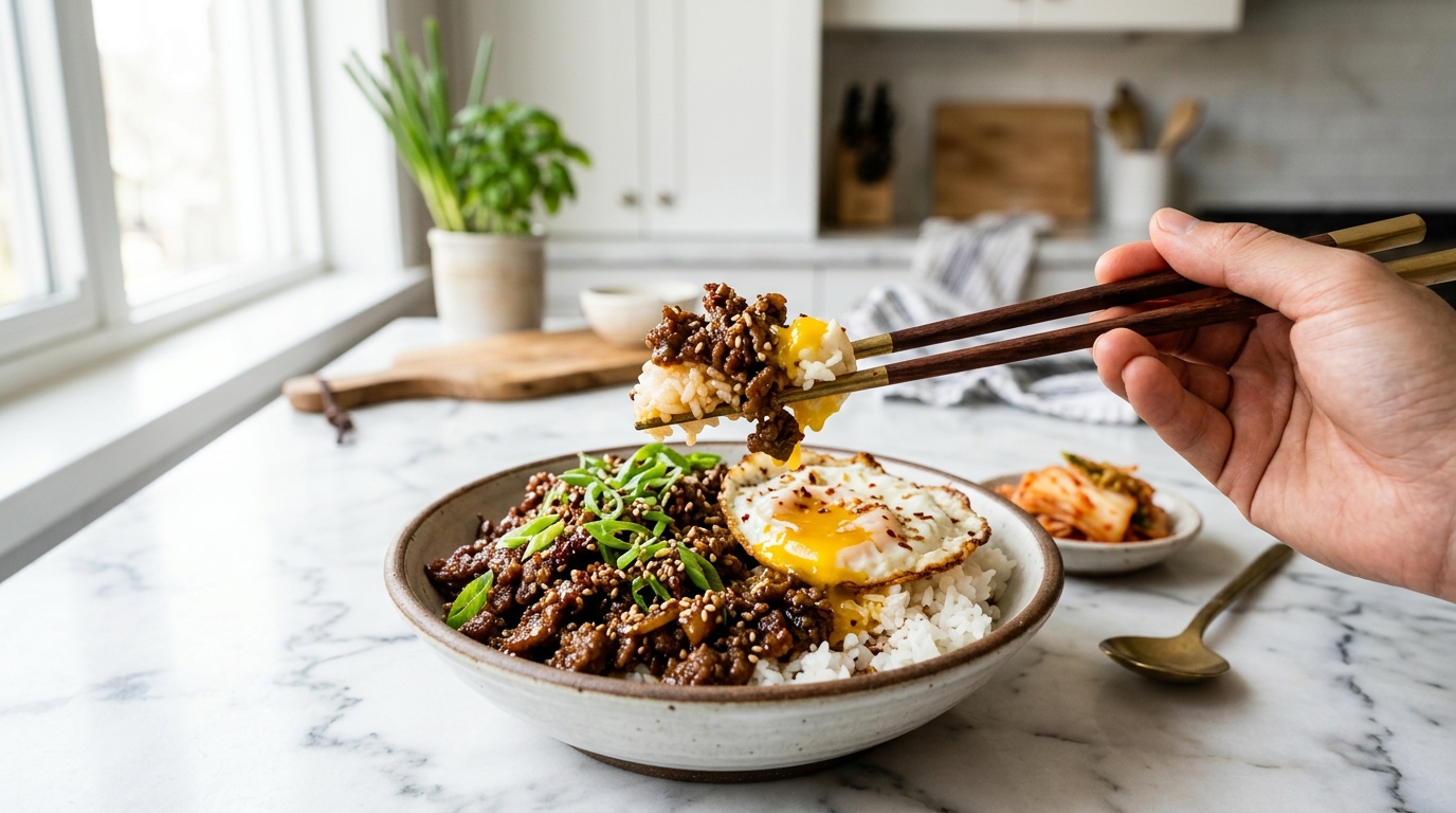 Finished Korean ground beef bowl with fried egg, chopsticks lifting beef and rice