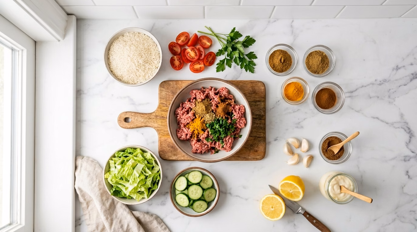 one-pan-beef-shawarma-bowl ingredients
