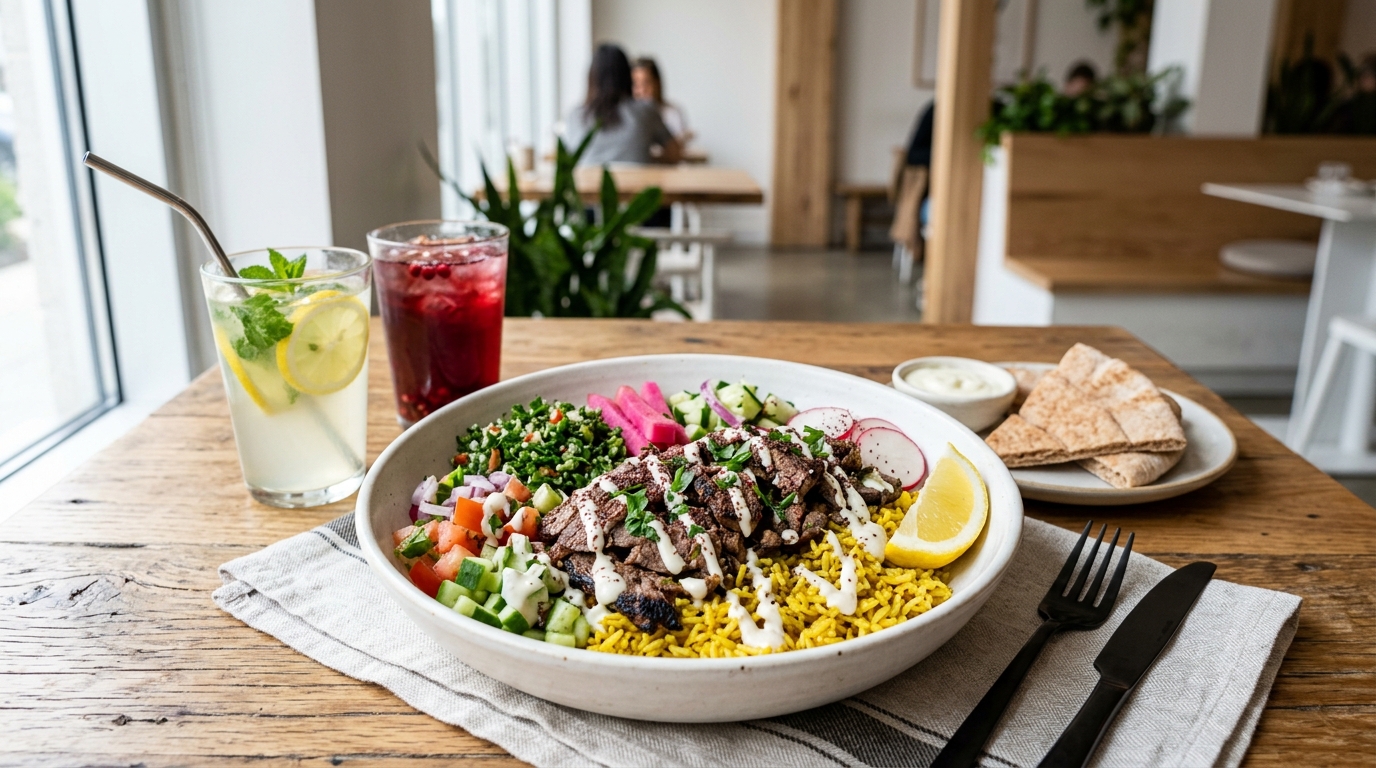 One-pan beef shawarma bowl assembled with rice, spiced beef, fresh toppings and garlic sauce drizzle