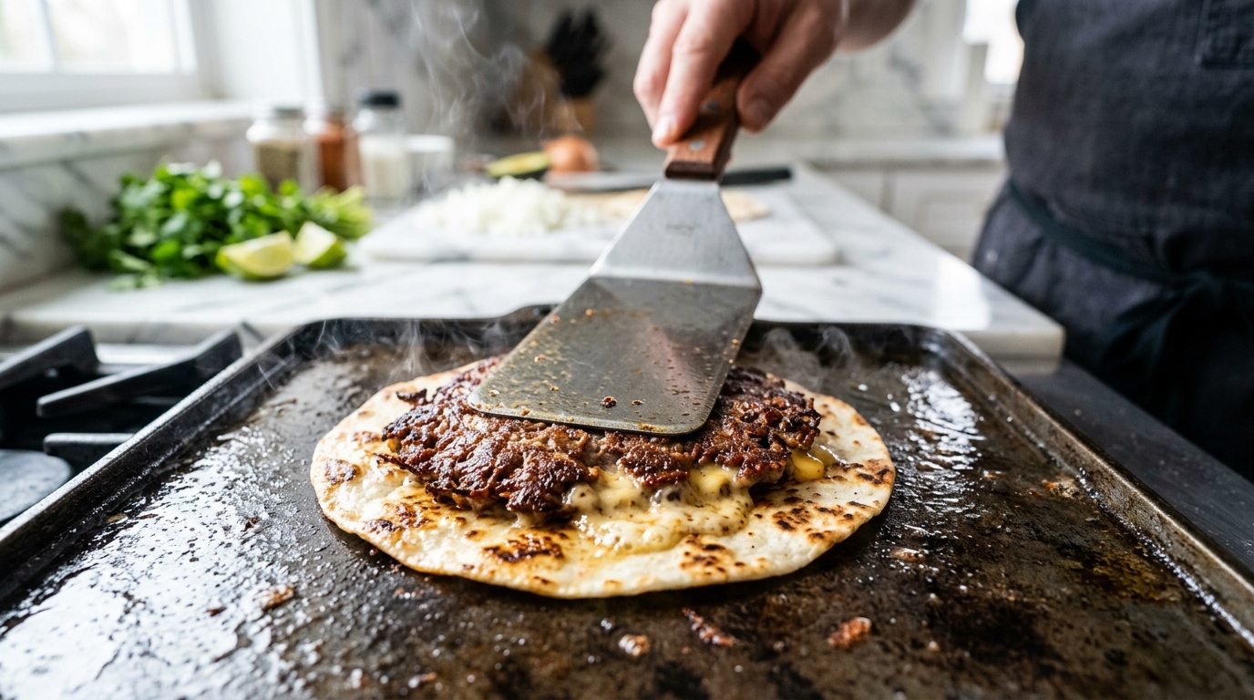 Cast-iron skillet with beef tortilla being smashed flat