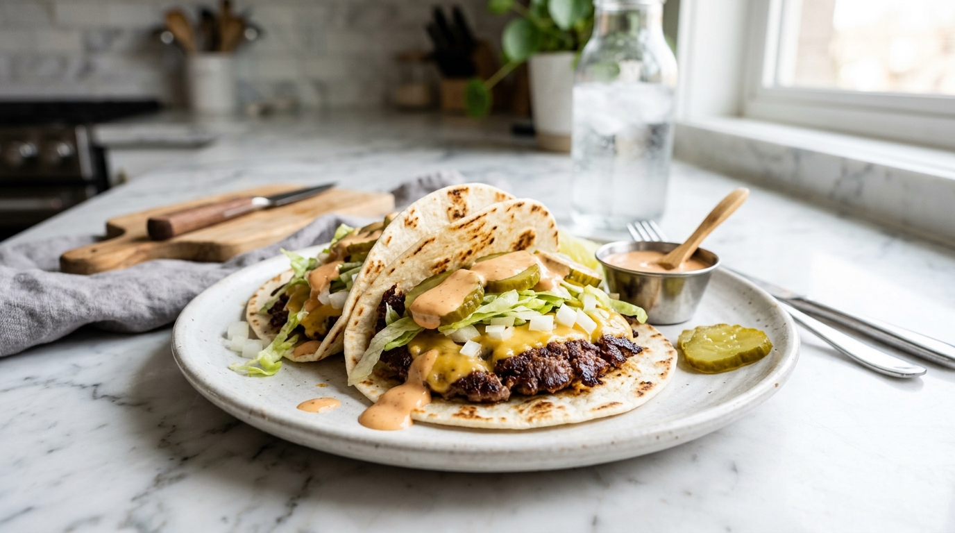 Crispy smash burger tacos on wooden board