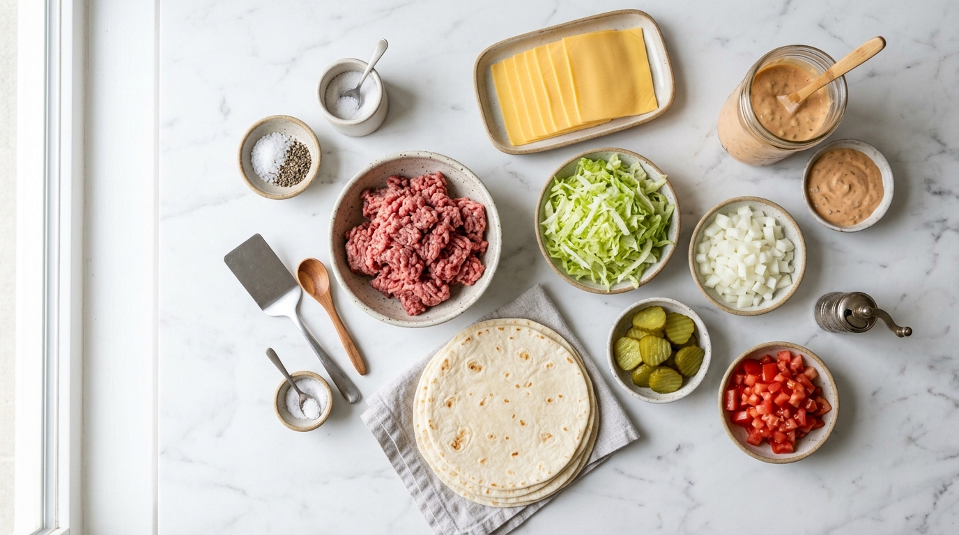 Overhead flat-lay of smash burger taco ingredients on white marble