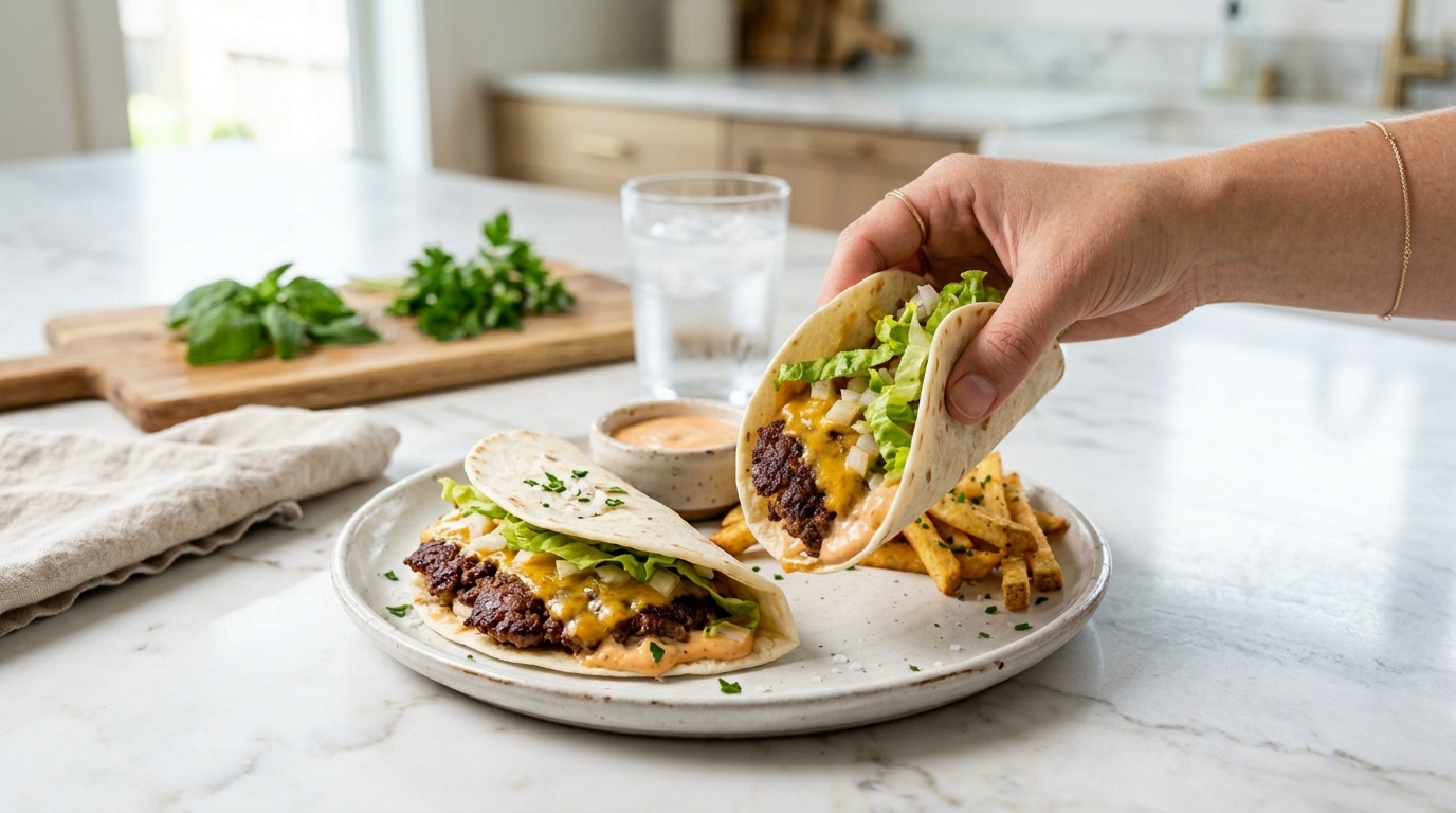 Smash burger taco platter with crispy fries and dipping sauce