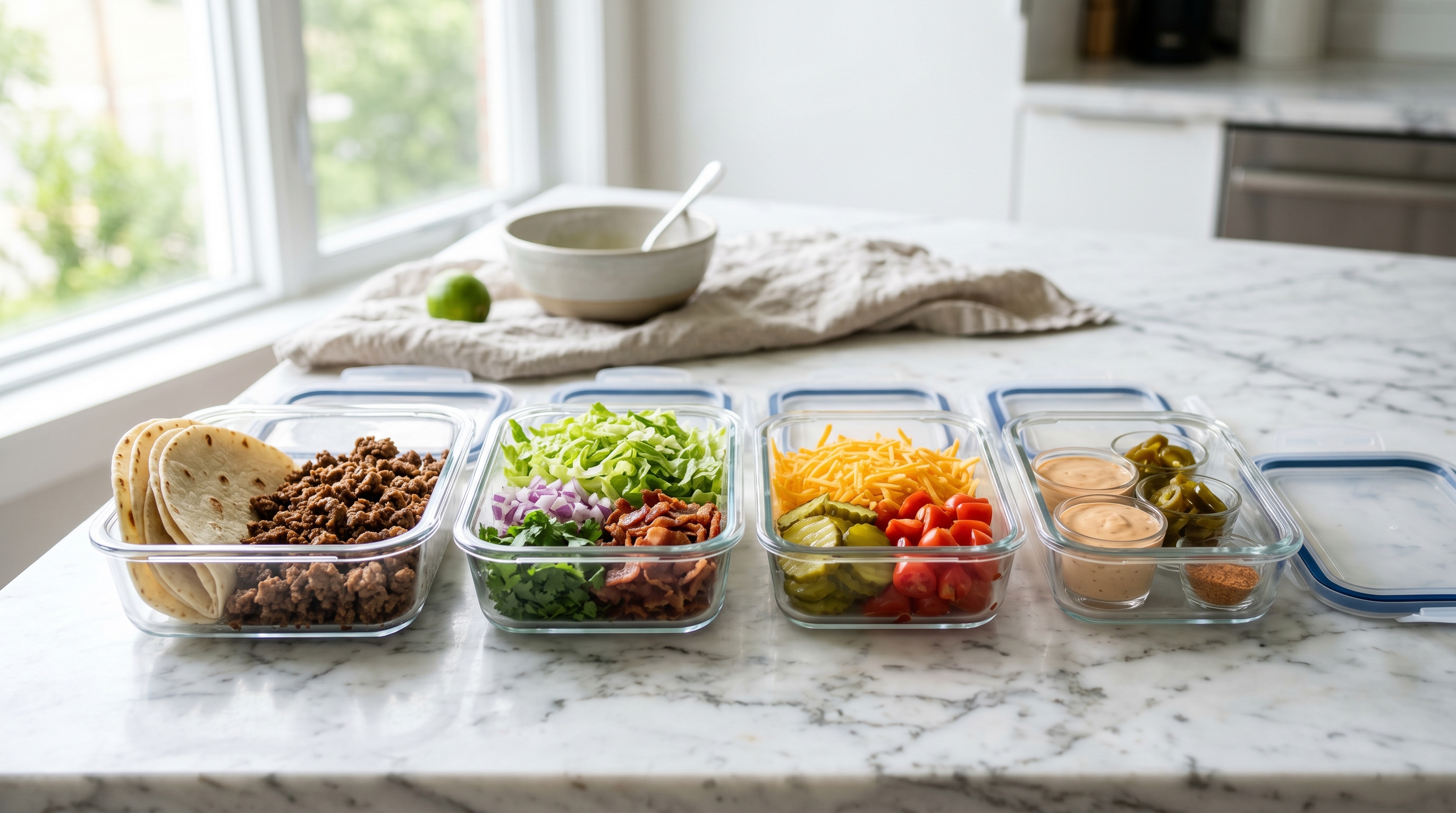 Smash burger tacos stored in glass container