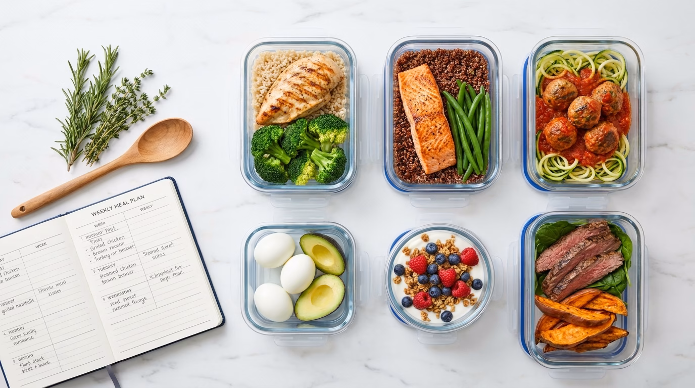 healthy meal prep plate with salmon broccoli quinoa and boiled egg for high protein diet