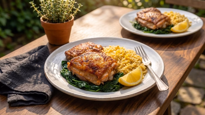 lemon orzo chicken served on a white plate with lemon wedges