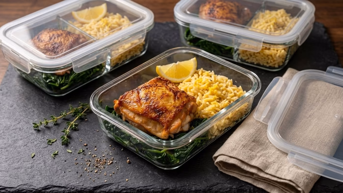 lemon orzo chicken portioned in glass meal prep containers