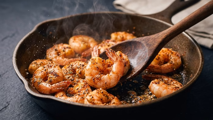seasoned shrimp cooking in a hot skillet