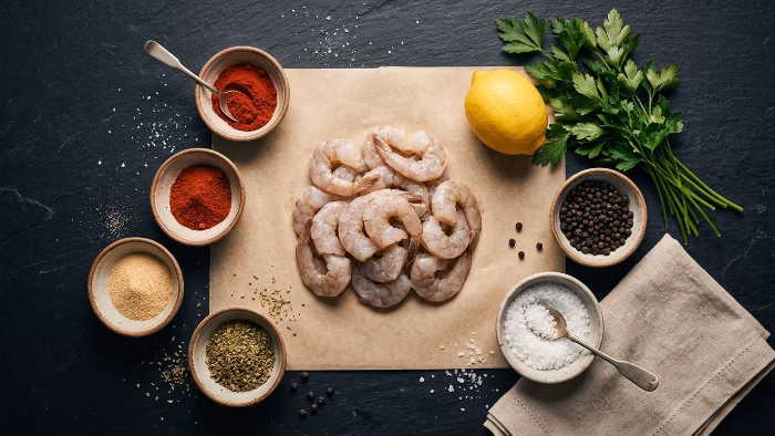 best seasonings for shrimp: paprika, cajun, garlic powder and lemon pepper flat lay