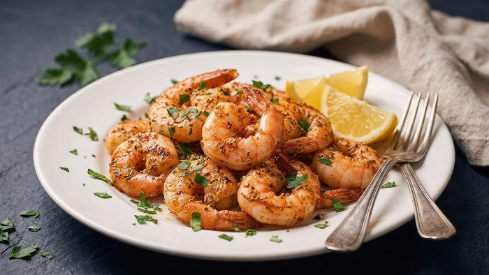 seasoned shrimp served on a white plate with lemon wedges and parsley