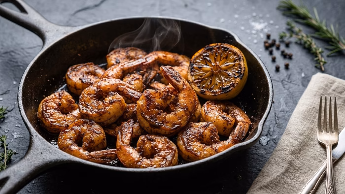 seared shrimp coated in cajun seasoning in a cast iron skillet
