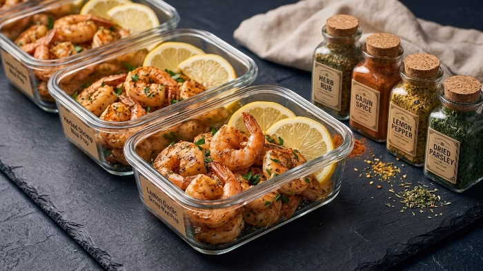 cooked seasoned shrimp stored in glass containers with spice jars