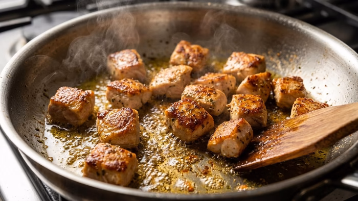Golden chicken pieces searing in a skillet for chicken penne pasta