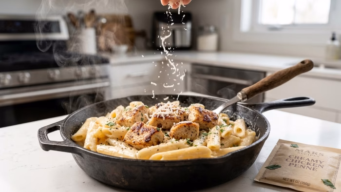 Skillet of creamy chicken penne pasta with steam rising and parmesan being sprinkled