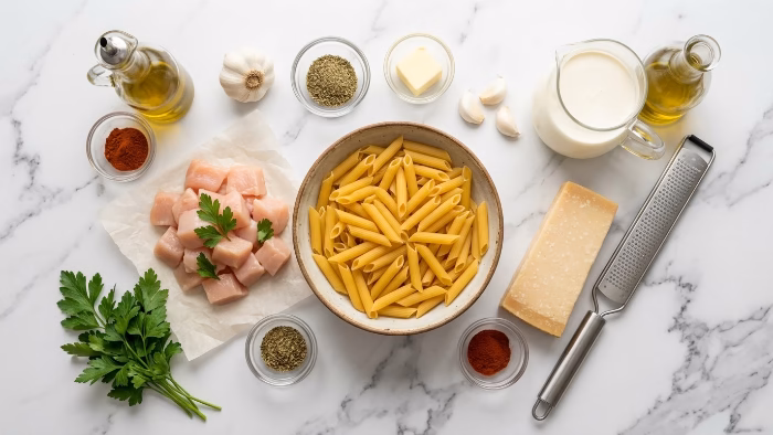 Ingredients for chicken penne pasta: penne, raw chicken, parmesan, cream, garlic and spices