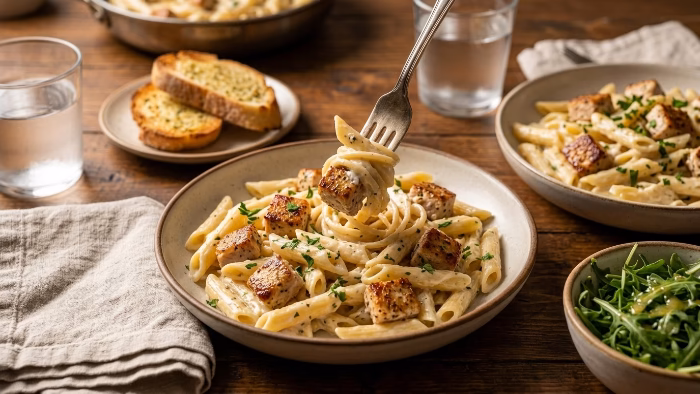 Two plates of chicken penne pasta served with garlic bread and salad