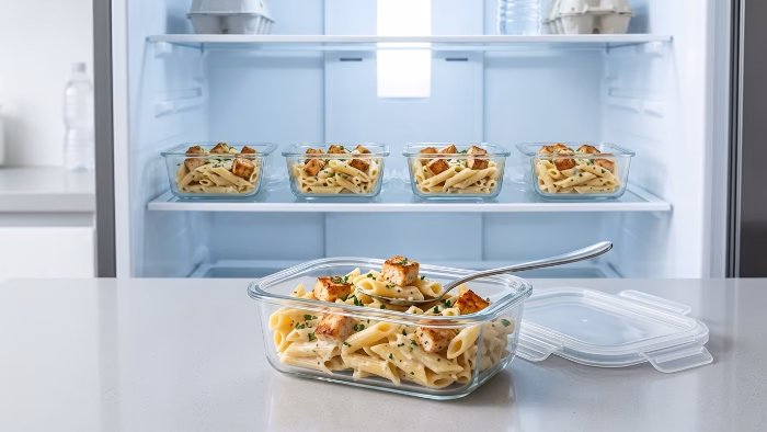 Chicken penne pasta portioned in glass meal-prep containers