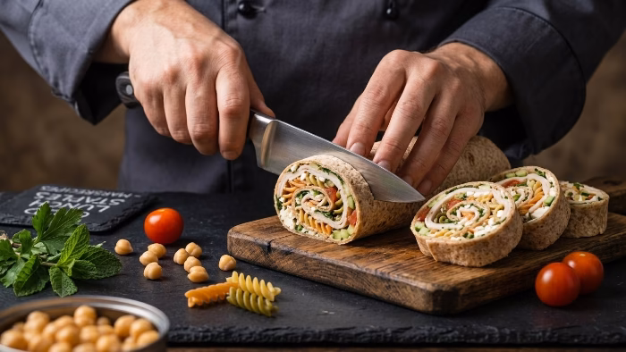 slicing chicken wrap pinwheels for a cold lunch