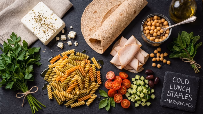 cold lunch ingredients: pasta, cherry tomatoes, feta, wraps and chickpeas