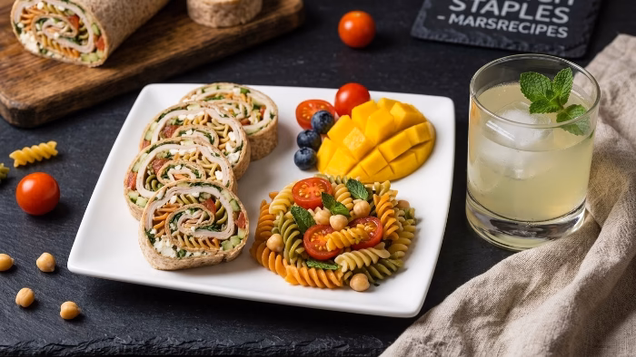 cold lunch plate with pinwheels, pasta salad and fruit