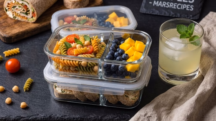 bento-style cold lunches packed in glass meal prep containers
