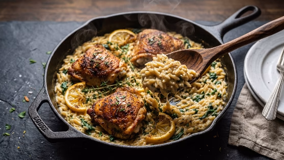 one-pan lemon orzo chicken with golden seared chicken thighs in a skillet