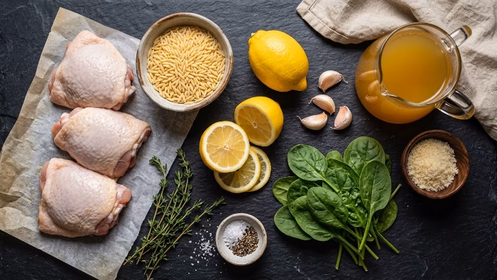 lemon orzo chicken ingredients: chicken thighs, orzo, lemons, garlic and spinach