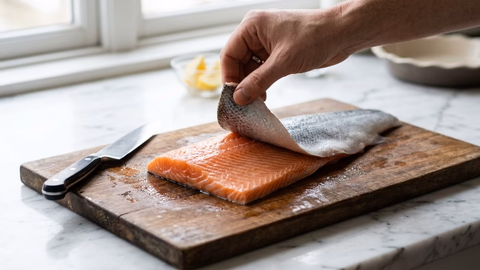 Hand gently pulling the skin off a salmon fillet in one clean piece