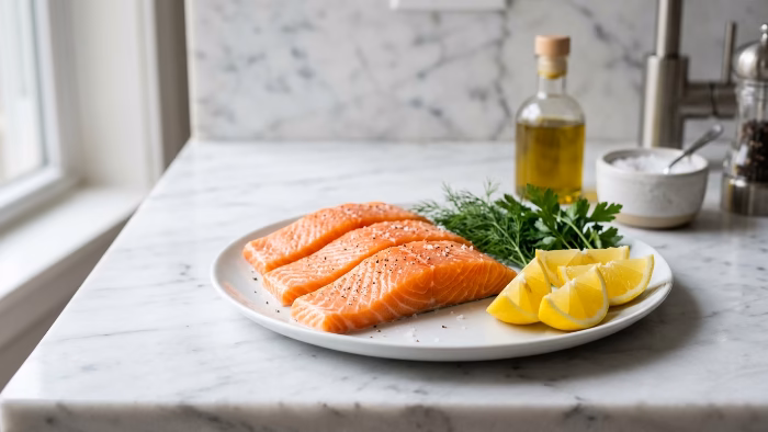Clean skinless salmon fillets ready to cook on a plate with lemon and herbs