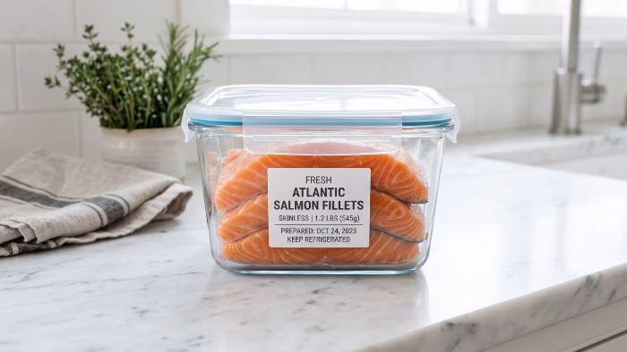 Skinless salmon fillets stored in a labeled glass container with lid