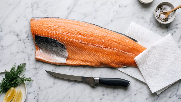 Flat lay of a raw salmon fillet, a sharp boning knife and a paper towel for grip