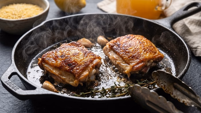 searing chicken thighs skin-side down for lemon orzo chicken
