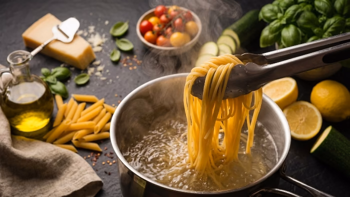 tossing spaghetti with vegetables in a pot for a light pasta dinner