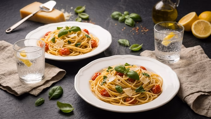 two plates of light pasta served with fresh basil