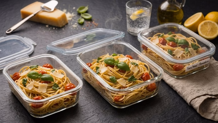 light pasta dishes portioned in glass meal prep containers