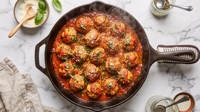 Golden-brown ricotta meatballs simmering in tomato sauce with fresh basil