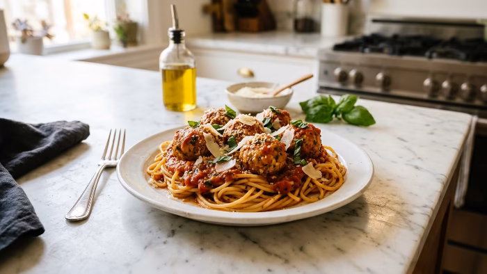 Plate of ricotta meatballs over spaghetti with marinara sauce and shaved parmesan