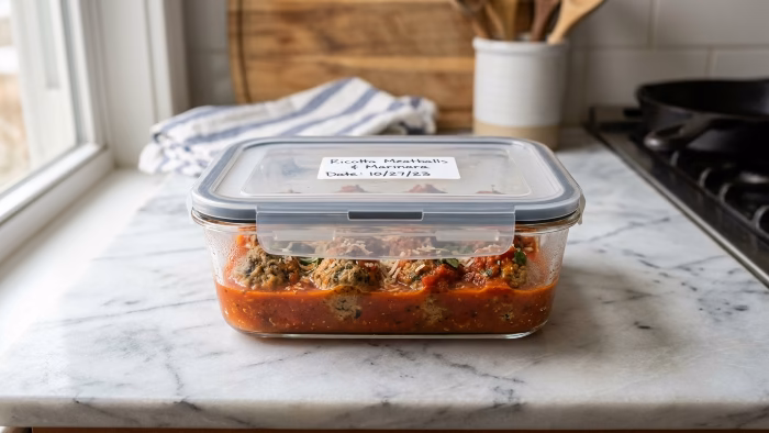 Ricotta meatballs and sauce in a glass meal-prep container