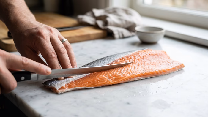 Knife sliding between the skin and flesh of a salmon fillet at a shallow angle