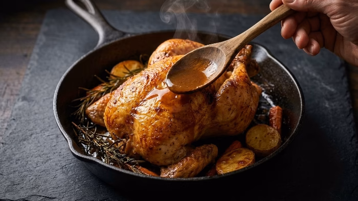 spooning pan gravy over roast chicken for sunday dinner