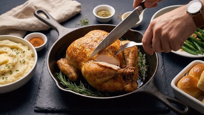 sunday dinner table with roast chicken, mashed potatoes and green beans