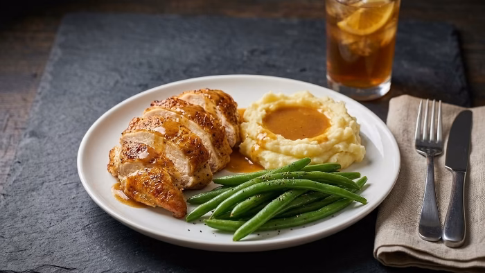 sunday dinner plate with sliced roast chicken, potatoes and gravy