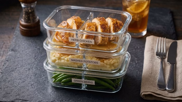 sunday dinner leftovers portioned in glass meal prep containers